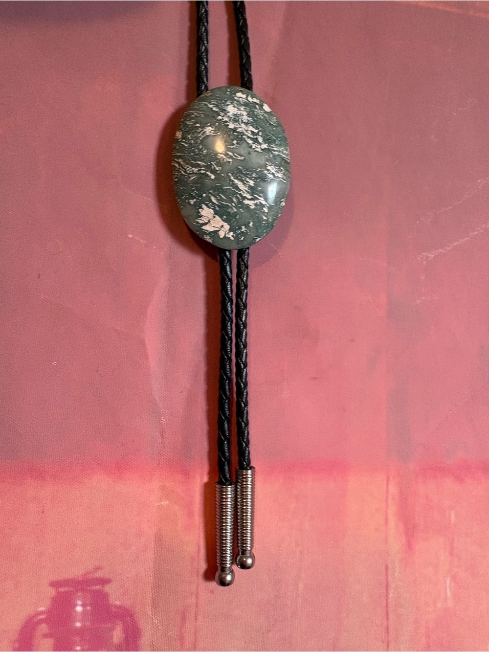 Vintage Tree Agate Bolo Tie Black Braided Cord